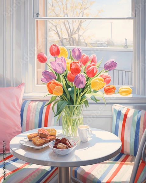 Fototapeta Cup of tea and vase with different color tulips.