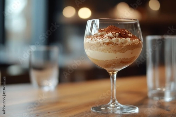 Fototapeta Creamy tiramisu dessert served in a stylish glass, topped with cocoa powder, sits invitingly on a wooden table in a cozy setting