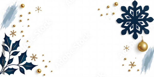 Fototapeta Minimalist Christmas Illustration with Snowflakes and Gold Details with central copy space in White.