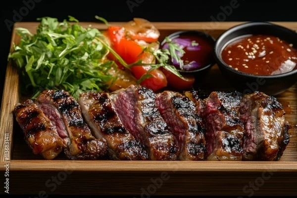 Fototapeta Juicy, grilled steak sliced and presented on a wooden serving tray with fresh vegetables and dipping sauces, ready to be enjoyed