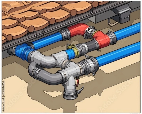 Fototapeta Detailed view of interconnected plumbing pipes in a residential setup, showcasing blue and red colored fittings.