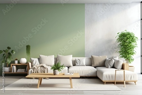 Fototapeta Cozy room corner featuring a simple armchair with pale green walls and soft blue pillows