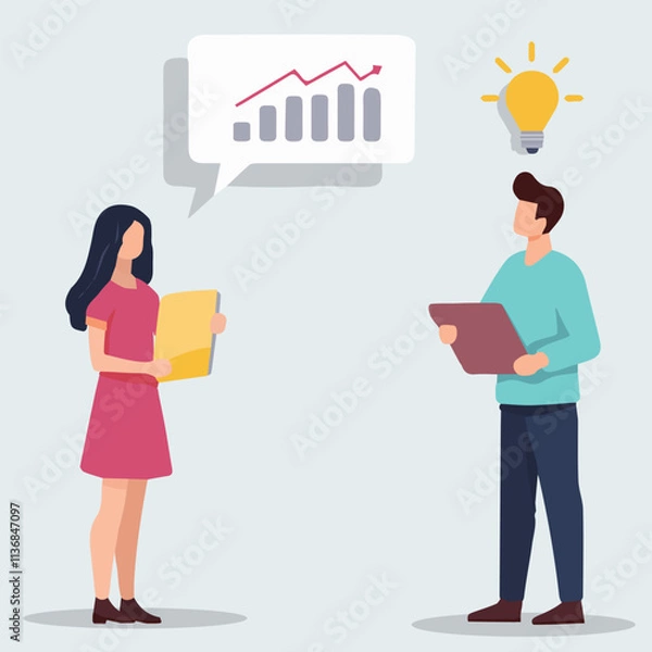 Fototapeta Sales messengers. Employees are conducting a dialogue and thinking about how to increase the sales rate. Vector illustration of EPS 10.