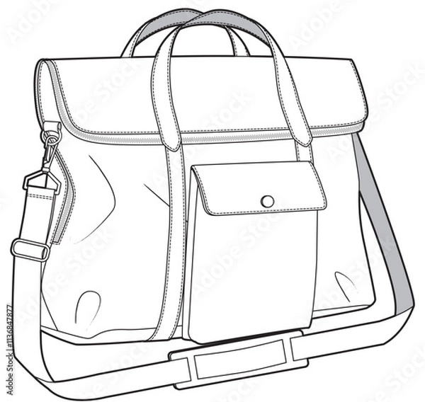 Fototapeta Fold over briefcase flat sketch vector illustration technical cad drawing template