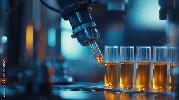 Fototapeta Close Up of Laboratory Equipment with Test Tubes and Microscope Under Blue Light