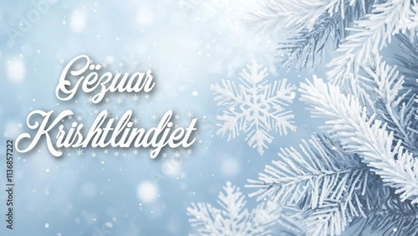 Fototapeta Sophisticated Christmas Background with Silver Elements and Elegant "Gëzuar Krishtlindjet" Greeting in Albanian