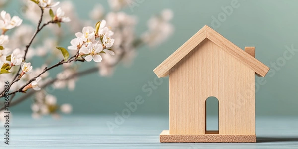 Fototapeta Small bird house in spring setting with copy space