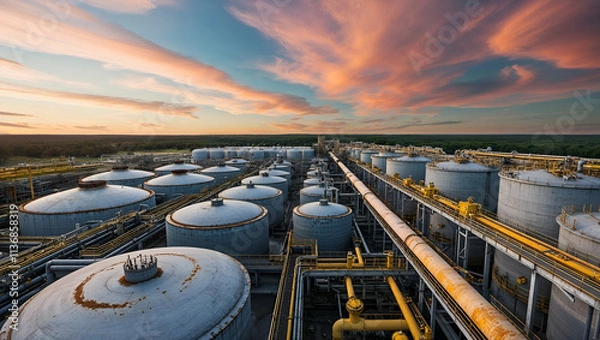 Obraz Industrial facility showcasing large storage tanks against a colorful sunset sky in an oil or gas processing area