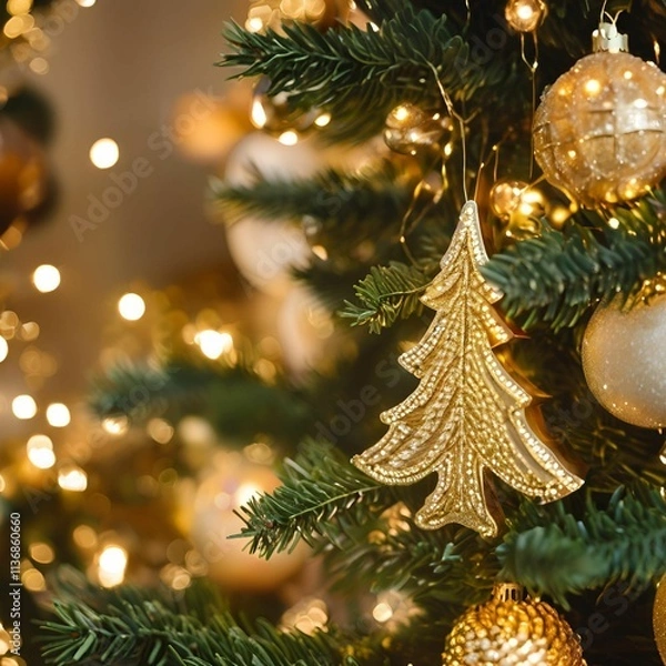 Obraz Merry Christmas, balls, lights, gold, tree - 39