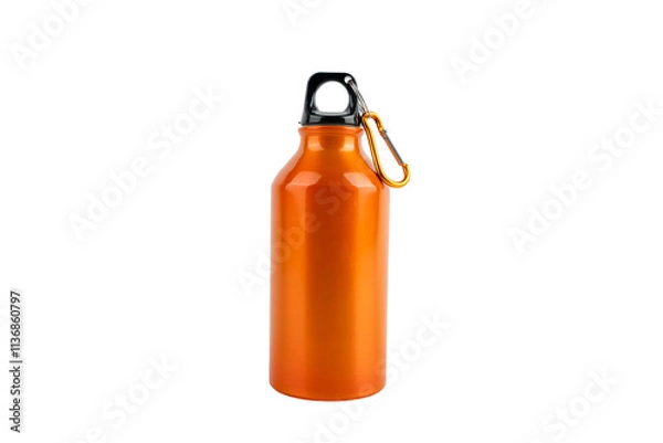 Fototapeta Bright orange water bottle with black handle and yellow chain. The bottle stands on a transparent background.