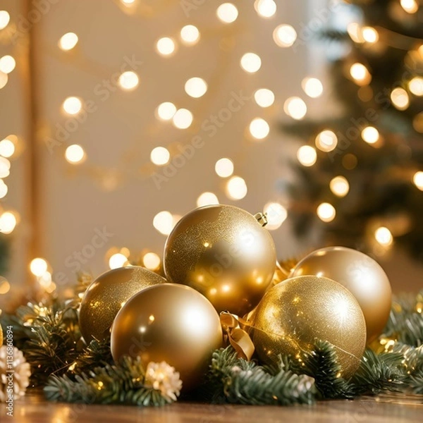 Obraz Merry Christmas, balls, lights, gold - 47