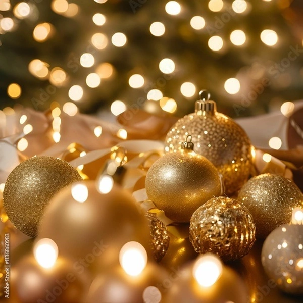 Obraz Merry Christmas, balls, lights, gold - 52