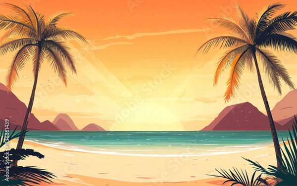 Fototapeta Tropical Sunset Beach Scene: A vibrant illustration of a tropical paradise, featuring a stunning sunset over a tranquil ocean, palm trees swaying gently in the breeze, and a picturesque sandy beach.