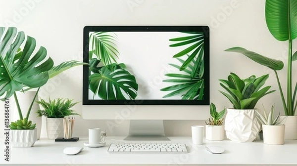 Fototapeta Serene Home Office Workspace with Lush Greenery and Modern Computer