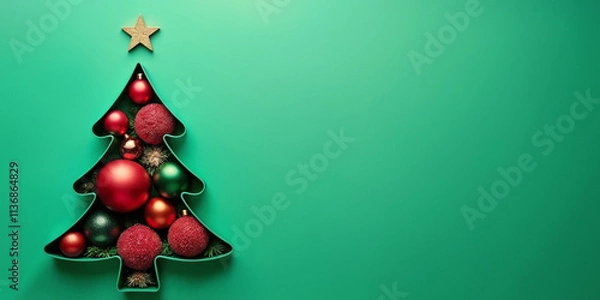 Fototapeta 3D illustration of a stylized Christmas tree, filled with red, green and gold Christmas balls, and a golden star on top, on a light green background.