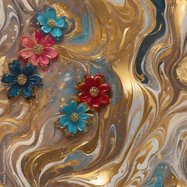 Fototapeta Vibrant abstract flower with golden accents in colorful swirling patterns and dynamic gradient background, digital art style