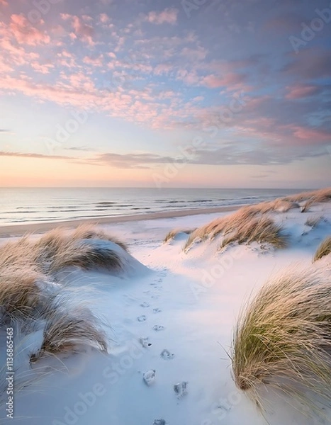 Fototapeta Tranquil winter beach with snow covered dunes leading to calm icy ocean against sunset sky. Generative AI