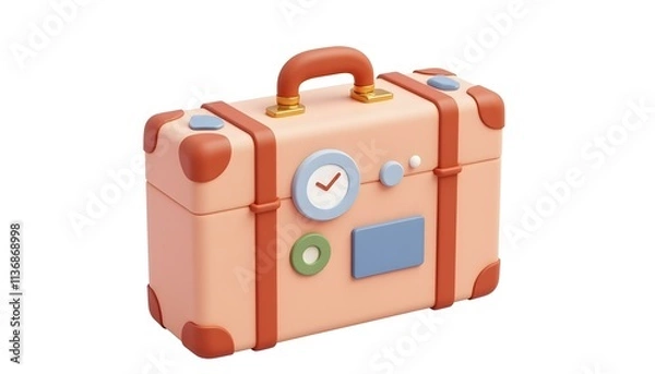 Fototapeta 3D render of a vintage-style business suitcase icon, with brass accents and travel stickers, isolated on a white background create with ai