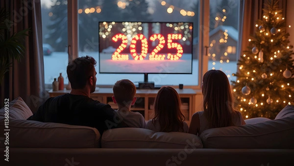 Fototapeta A heartwarming holiday scene where a family watches a Christmas film on a large screen in the living room. The table in front displays the numbers 2025 made of lit candles, enhancing the festive cheer