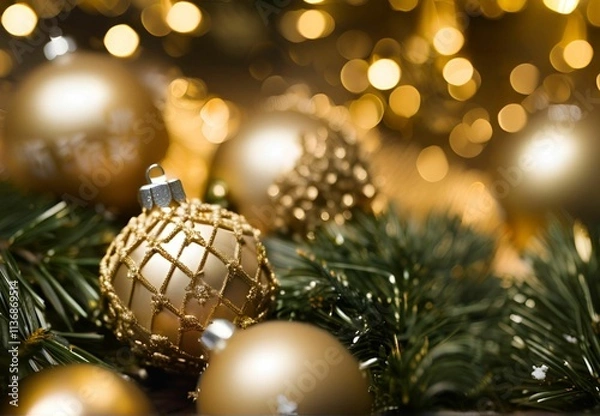 Obraz Merry Christmas, balls, lights, gold- 6