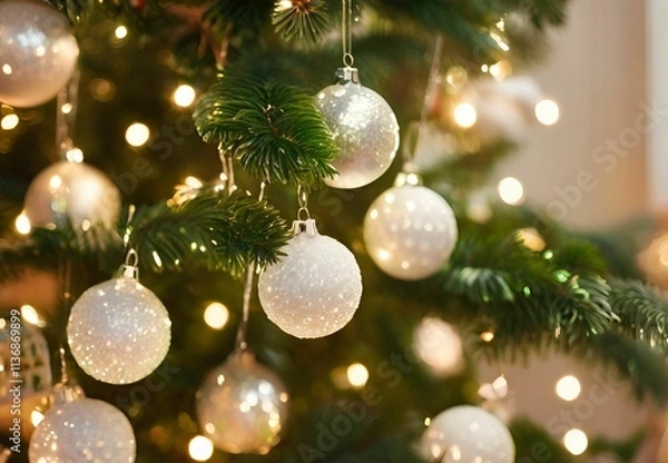 Obraz Merry Christmas, balls, lights, white- 16