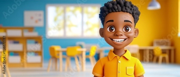 Fototapeta A cartoon boy is smiling in a classroom with yellow walls and yellow chairs