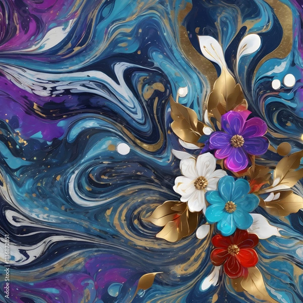 Fototapeta Vibrant abstract flower with golden accents in colorful swirling patterns and dynamic gradient background, digital art style