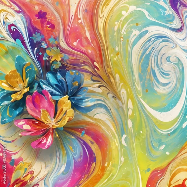 Fototapeta Vibrant abstract flower with golden accents in colorful swirling patterns and dynamic gradient background, digital art style