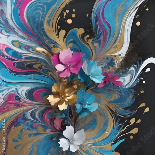 Fototapeta Vibrant abstract flower with golden accents in colorful swirling patterns and dynamic gradient background, digital art style