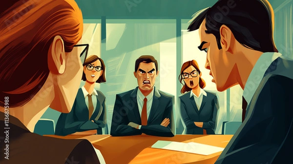 Fototapeta An argument between coworkers escalating in a conference room, hostile expressions, Toxic workplace environment, workplace conflict