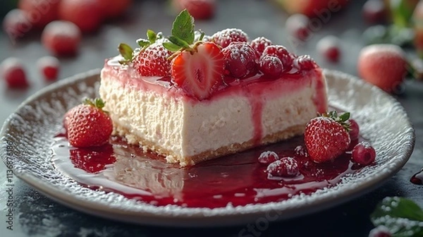 Fototapeta Strawberry Raspberry Cheesecake Dessert Slice on Plate