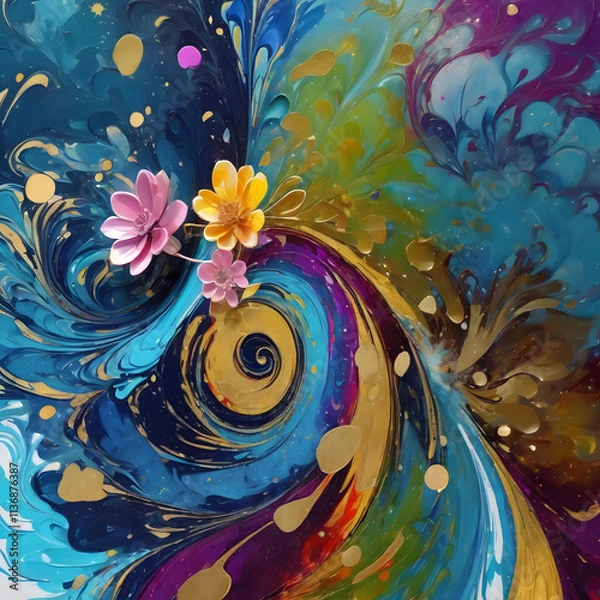 Fototapeta Vibrant abstract flower with golden accents in colorful swirling patterns and dynamic gradient background, digital art style