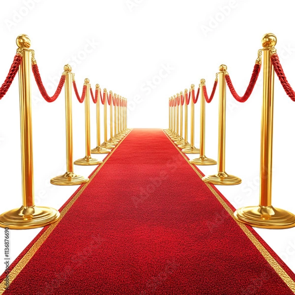 Fototapeta A 3D rendering of a red carpet with golden barriers on each side, isolated against a transparent background ideal for event, award show, or luxury-themed designs