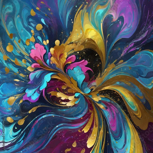 Fototapeta Vibrant abstract flower with golden accents in colorful swirling patterns and dynamic gradient background, digital art style