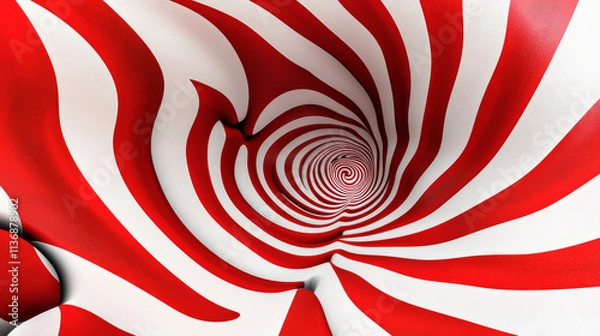 Fototapeta Red and White Swirling Vortex Tunnel  - Abstract, hypnotic, depth, illusion, dynamic.  Red and white stripes create a captivating vortex.