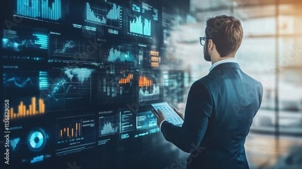 Fototapeta Businessman Analyzing Financial Data on Multiple Screens