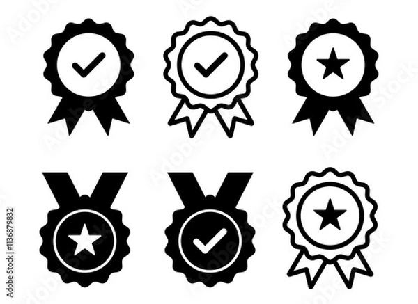 Fototapeta Certified medal icon set: Collection of approval badges with check symbols, representing certification and authorization. Stock vector design.