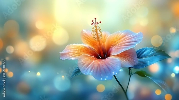 Fototapeta Glowing Peach Hibiscus Flower with Blue Background