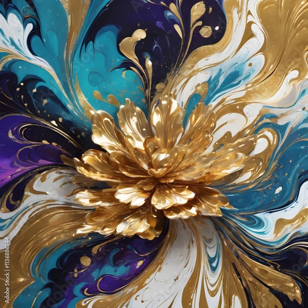 Fototapeta Vibrant abstract flower with golden accents in colorful swirling patterns and dynamic gradient background, digital art style