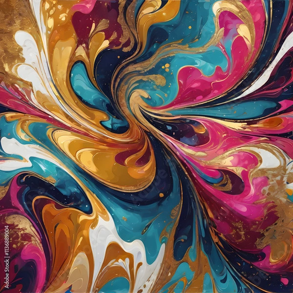 Fototapeta Vibrant abstract flower with golden accents in colorful swirling patterns and dynamic gradient background, digital art style
