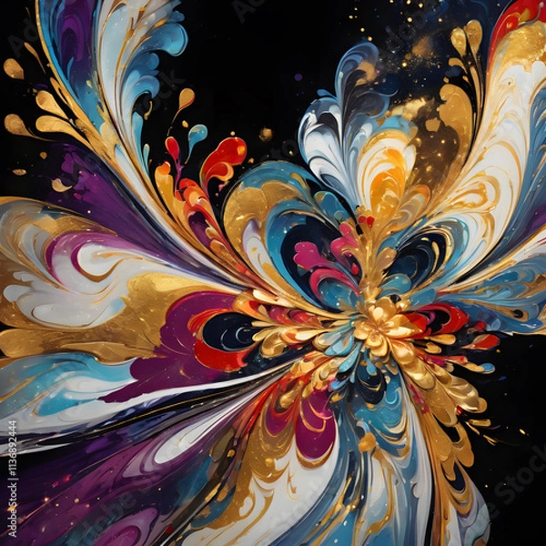 Fototapeta Vibrant abstract flower with golden accents in colorful swirling patterns and dynamic gradient background, digital art style