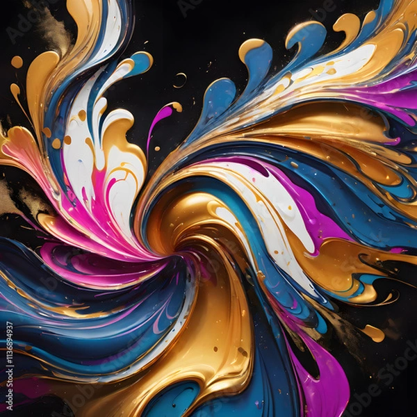 Fototapeta Vibrant abstract flower with golden accents in colorful swirling patterns and dynamic gradient background, digital art style