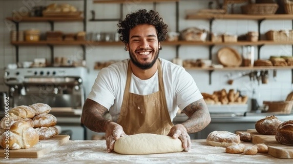 Fototapeta A cheerful baker stands in his bakery surrounded by baked goods, kneading dough with enthusiasm, symbolizing passion and the art of baking.