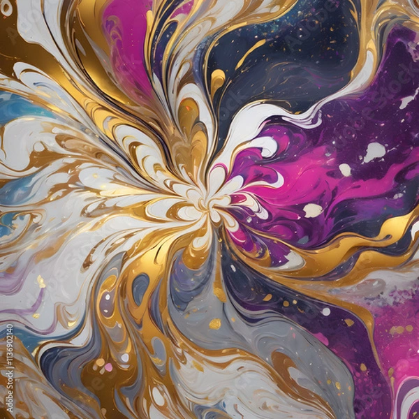 Fototapeta Vibrant abstract flower with golden accents in colorful swirling patterns and dynamic gradient background, digital art style