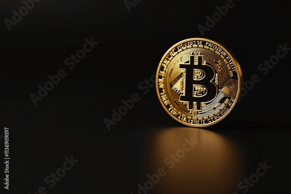 Fototapeta golden bitcoin black background subtle reflection copy