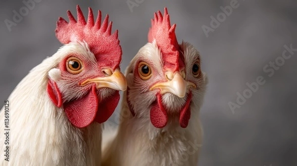 Fototapeta A close-up portrait of two roosters with striking red combs, showcasing their intense gaze and the detailed intricacies of their plumage.