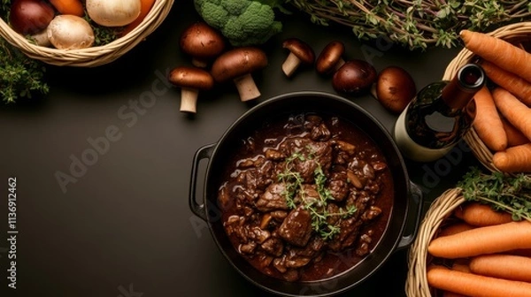 Fototapeta Cozy Kitchen Scene with Homemade Beef Bourguignon in a Pot, Fresh Vegetables, and A Bottle of Red Wine