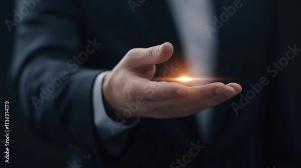 Fototapeta Businessman holding glowing light in open hand. Conceptual studio shot for innovation, success,