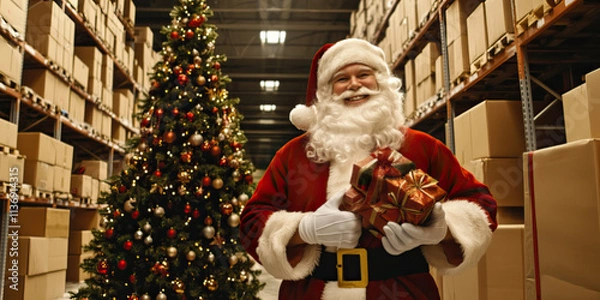Fototapeta In a warehouse full of cardboard boxes, a smiling Santa Claus poses with a bundle of gifts on his right