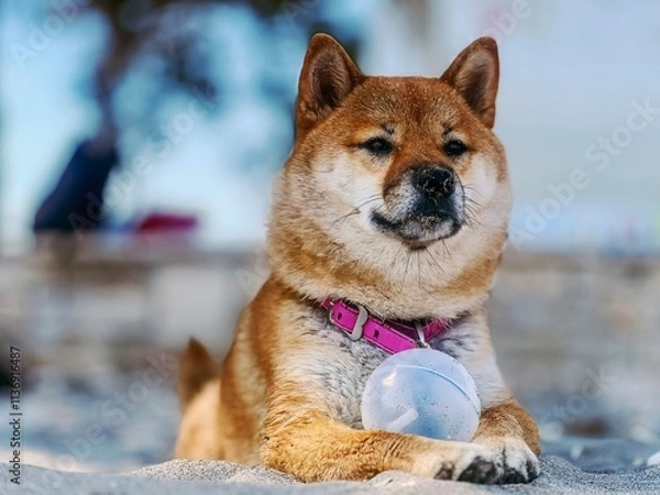 Fototapeta Adorable red Shiba Inu dog relaxing on a sandy beach in summer, playfully resting next to a ball. High-quality, pet-friendly image perfect for vacation, outdoor, or lifestyle projects. Copy space.